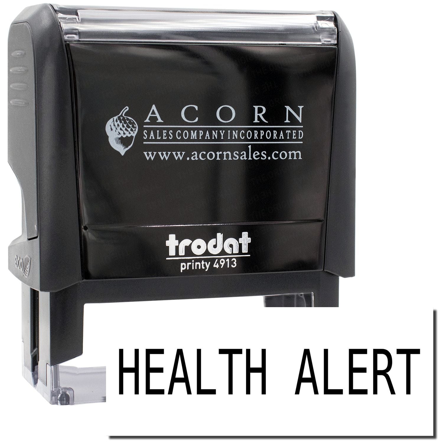 Trodat Printy 4913 health alert stamp with Acorn Sales logo, for medical signage and quick safety notification marking in the workplace.
