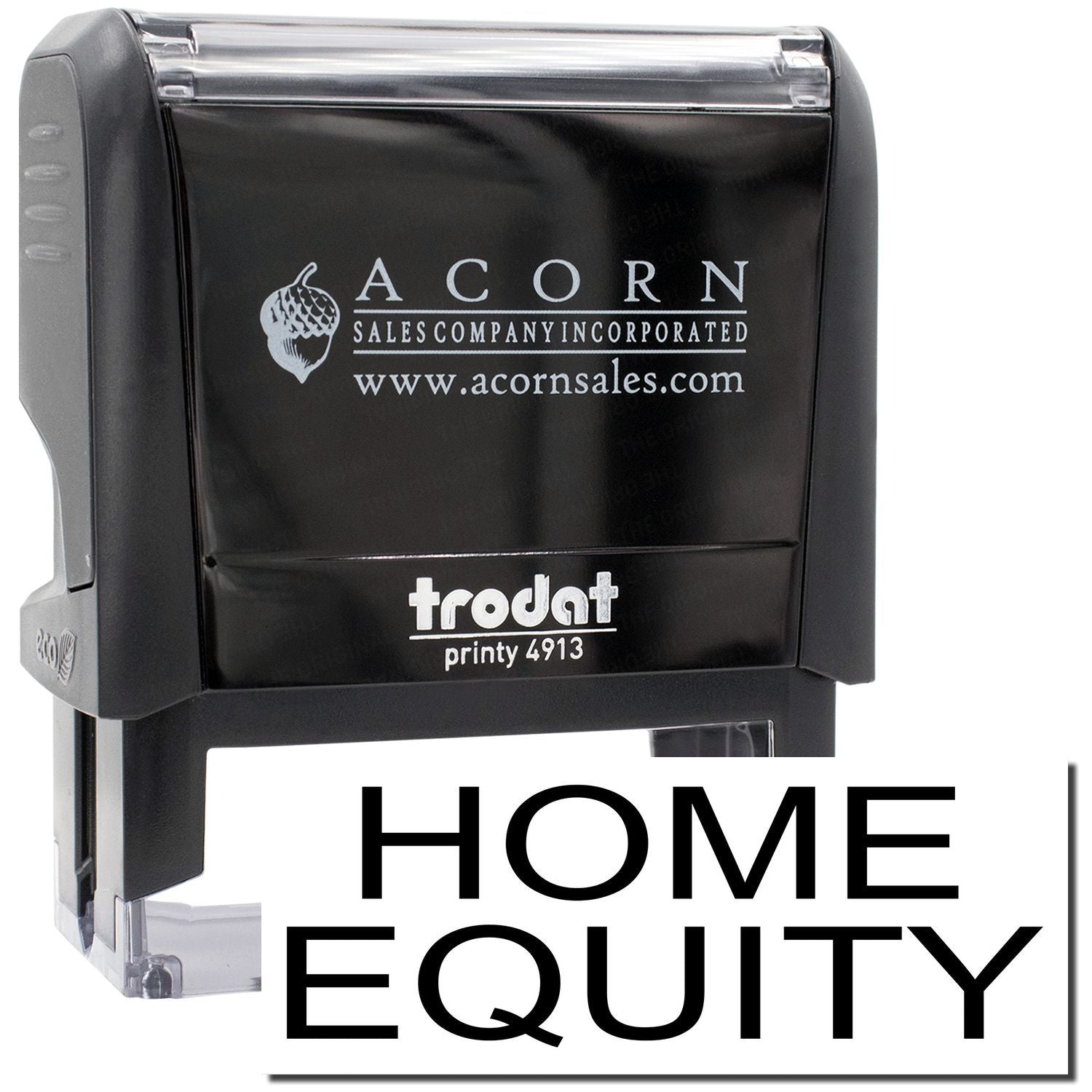 Acorn Sales Company Incorporated ink stamp for Home Equity marketing, featuring acornsales.com logo and Frodot printy 4913 label.