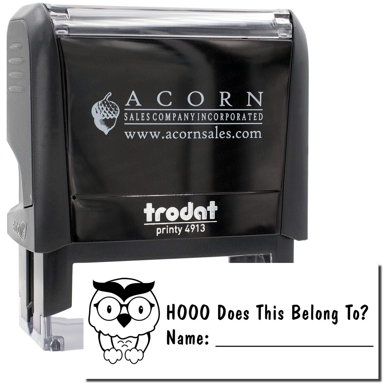 Acorn Sales Company Incorporated Trodat Printy 4913 self-inking stamp featuring company logo and website URL