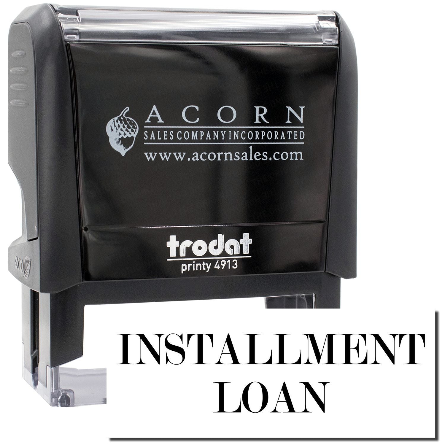 Acorn Sales installment loan stampFrodat Printy 4913used to mark loan approval and payment documents.