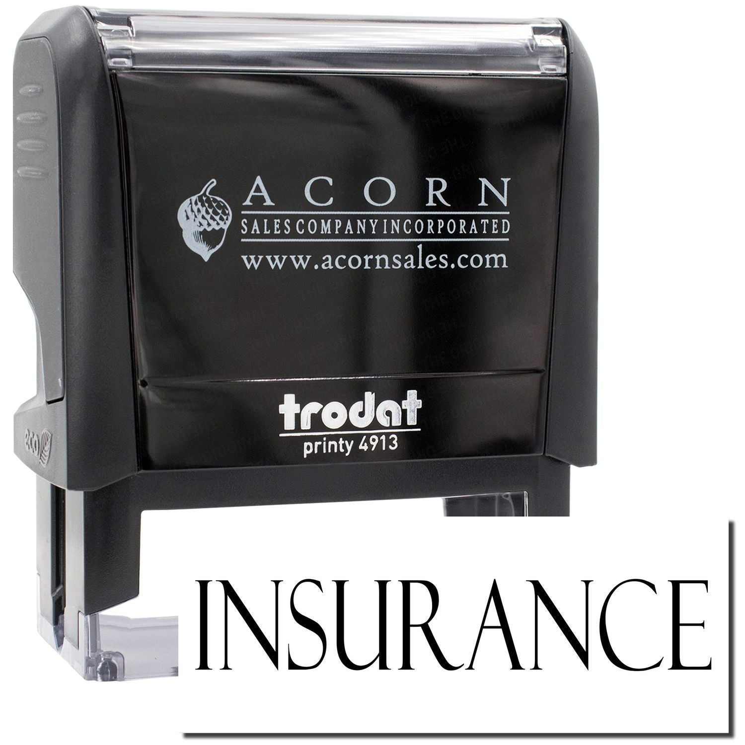 Acorn Sales Company insurance stamp, Trodat Print 4913 inked seal showing acornsales.com for document verification and branding