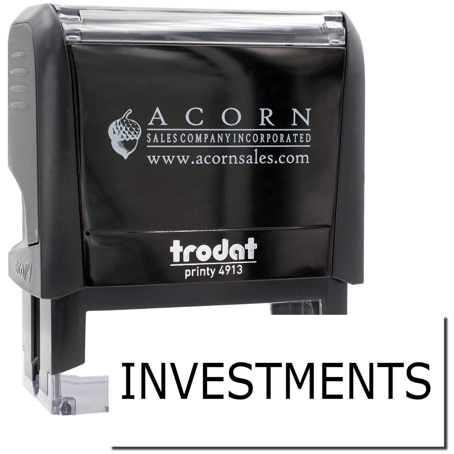 Acorn Sales Printy 4913 ink stamp with logo and website, used to mark investments documents.