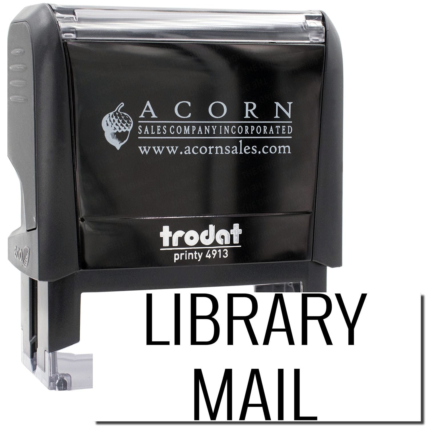 Acorn Sales Trodat Printy 4913 stamp reading LIBRARY MAIL for office mailing and library labeling.