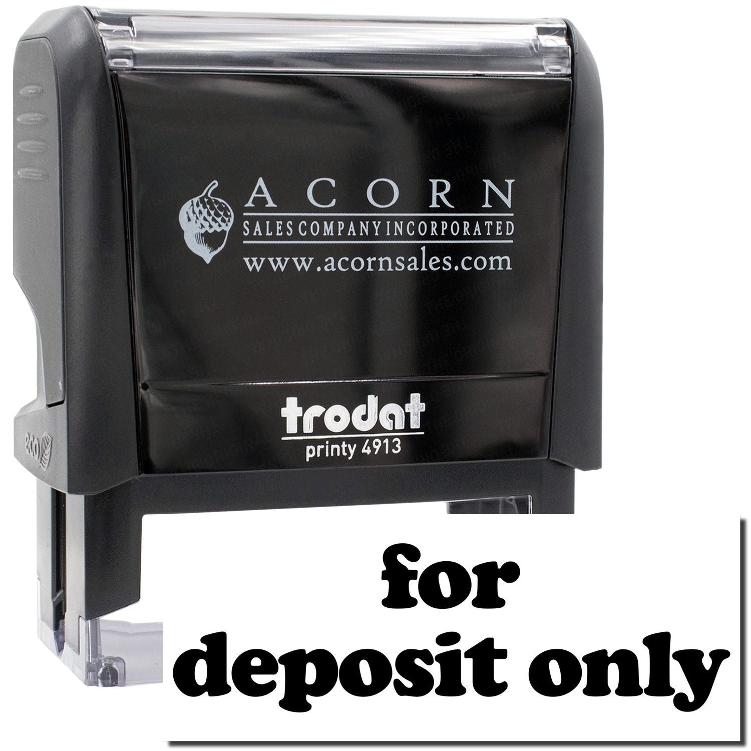 Acorn Sales Frodat Printy 4913 For Deposit Only ink stamp for business payments and deposits.