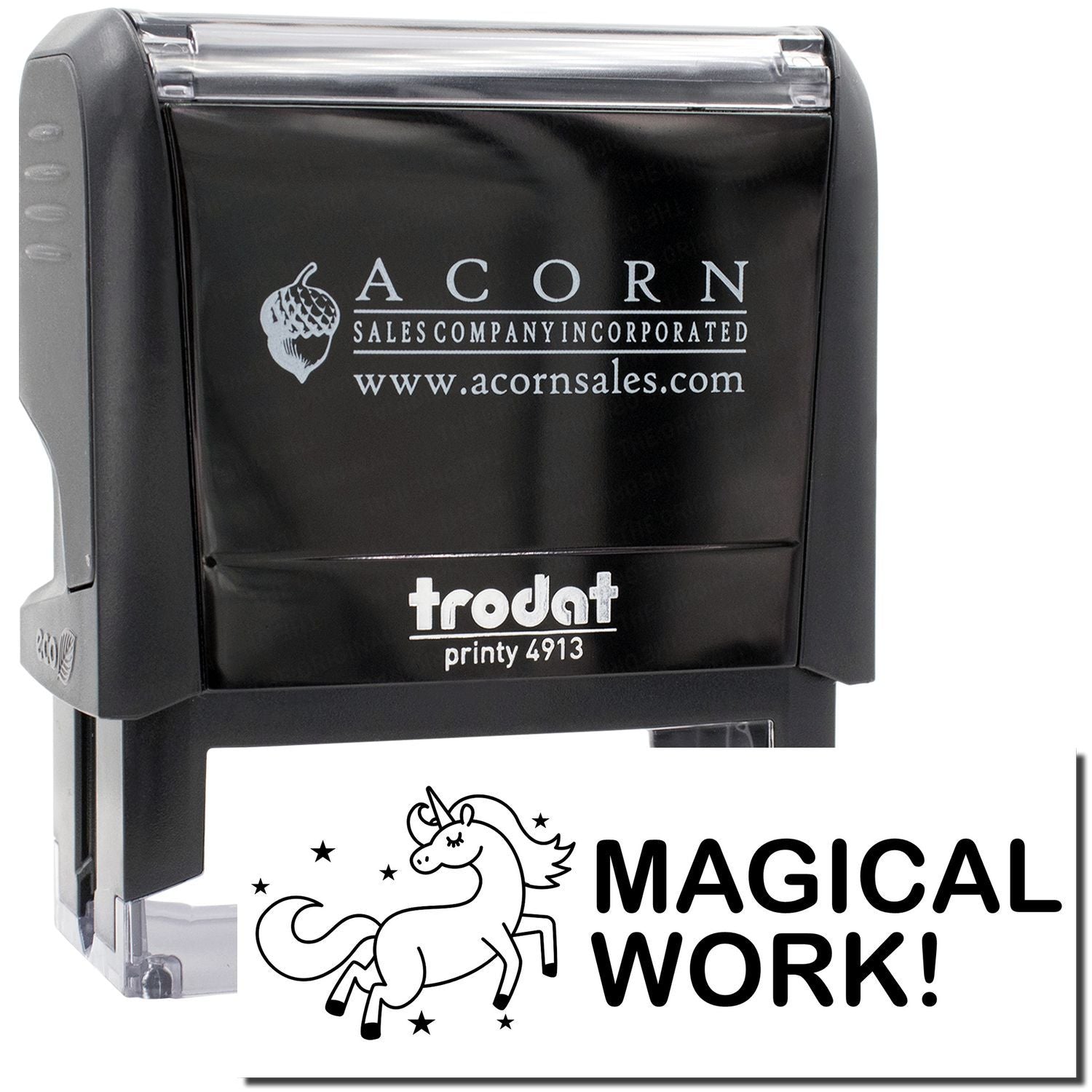 Acorn Sales Incorporated Trodat Printy 4913 office stamp with unicorn graphic and 'MAGICAL WORK!' message for promotions and branding.