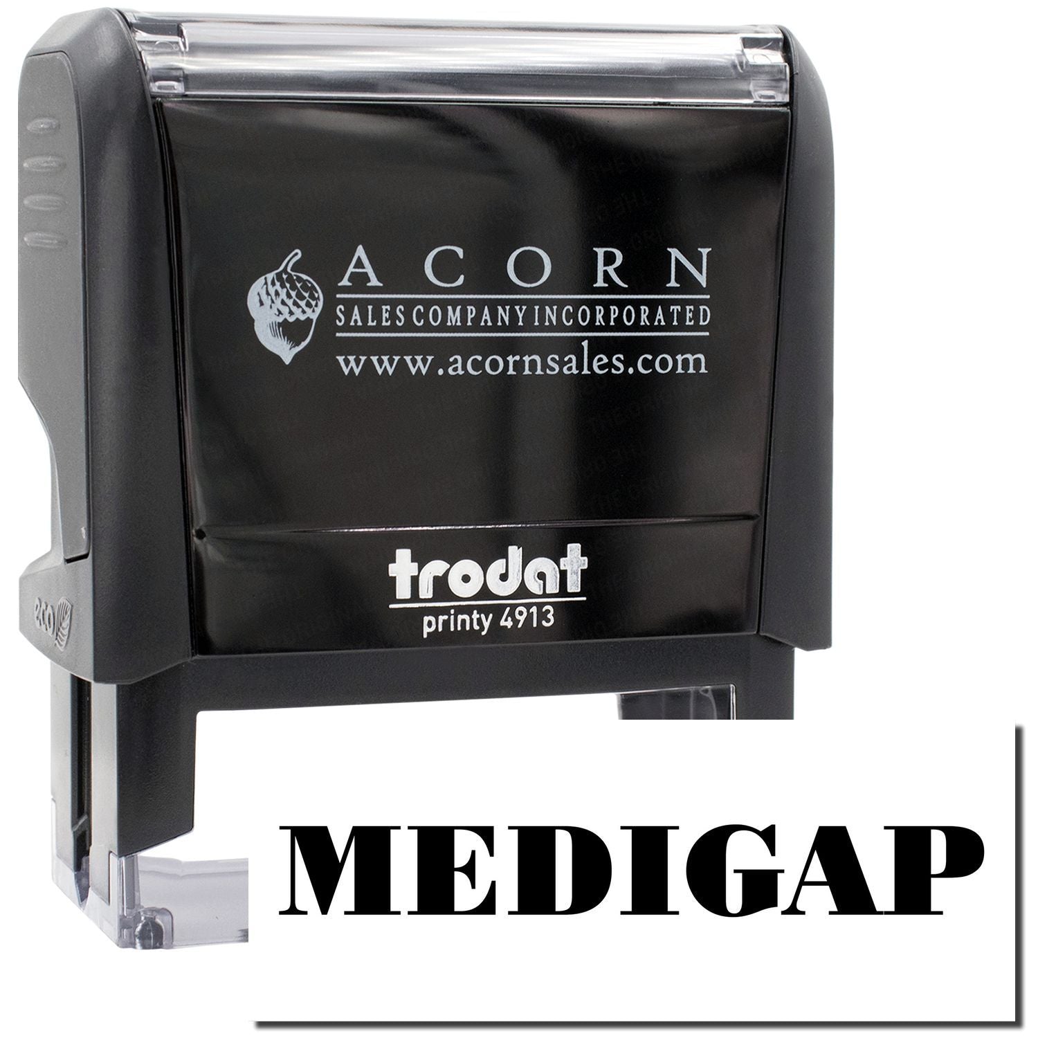 Acorn Sales Medigap stamp for document approvals, showing Printy 4913 branding and acorn sales company website.