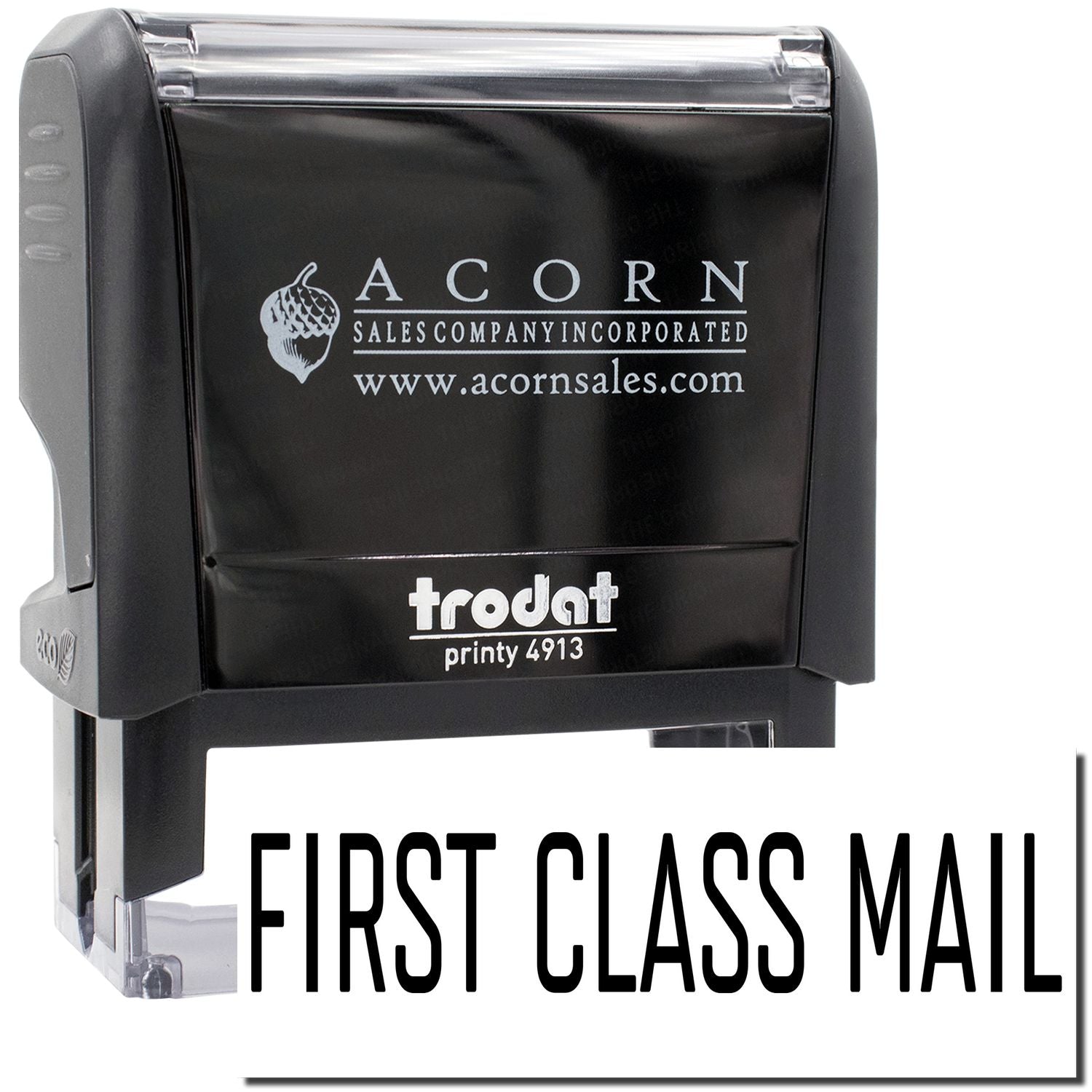 Acorn Sales first class mail stamp for frosted glass printing, used to mark envelopes for postal mailing: First Class Mail.