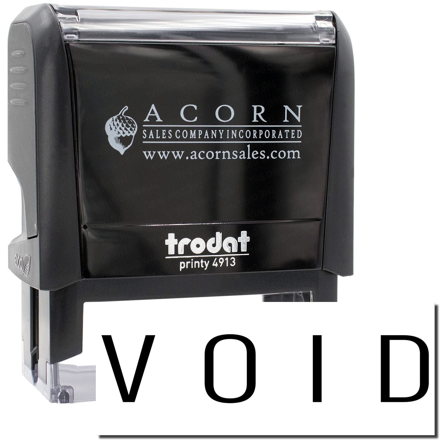 Acorn Sales branded Trodat Printy 4913 self-inking stamp showing 'VOID' for office invoice voiding, document security, and returns.