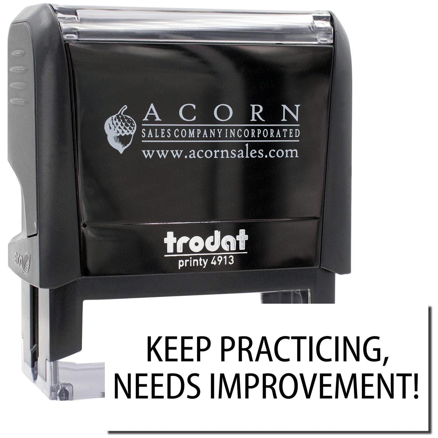 Acorn Sales Printy 4913 self-inking stamp showing Keep Practicing, Needs Improvement! message for educational feedback