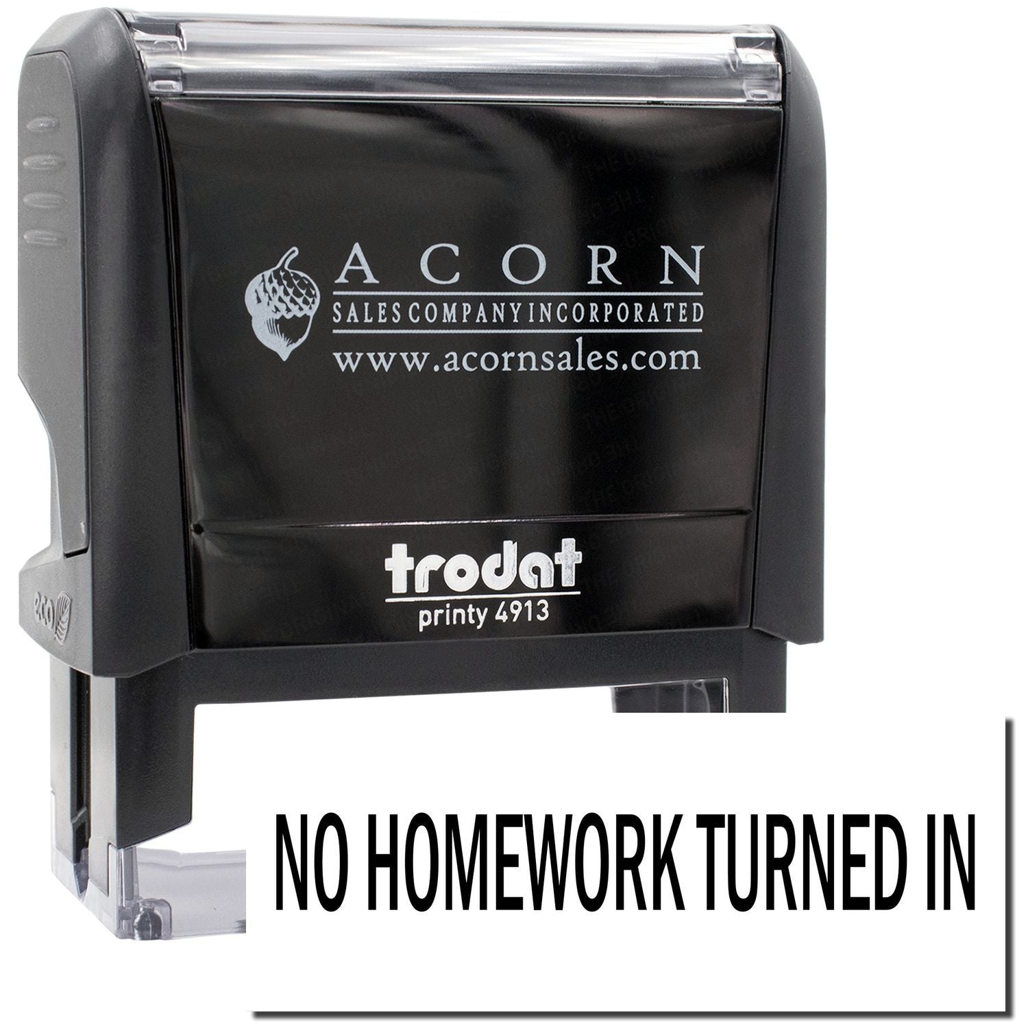 Trodat Printy stamp with Acorn Sales logo reading NO HOMEWORK TURNED IN, for classroom discipline and homework tracking.