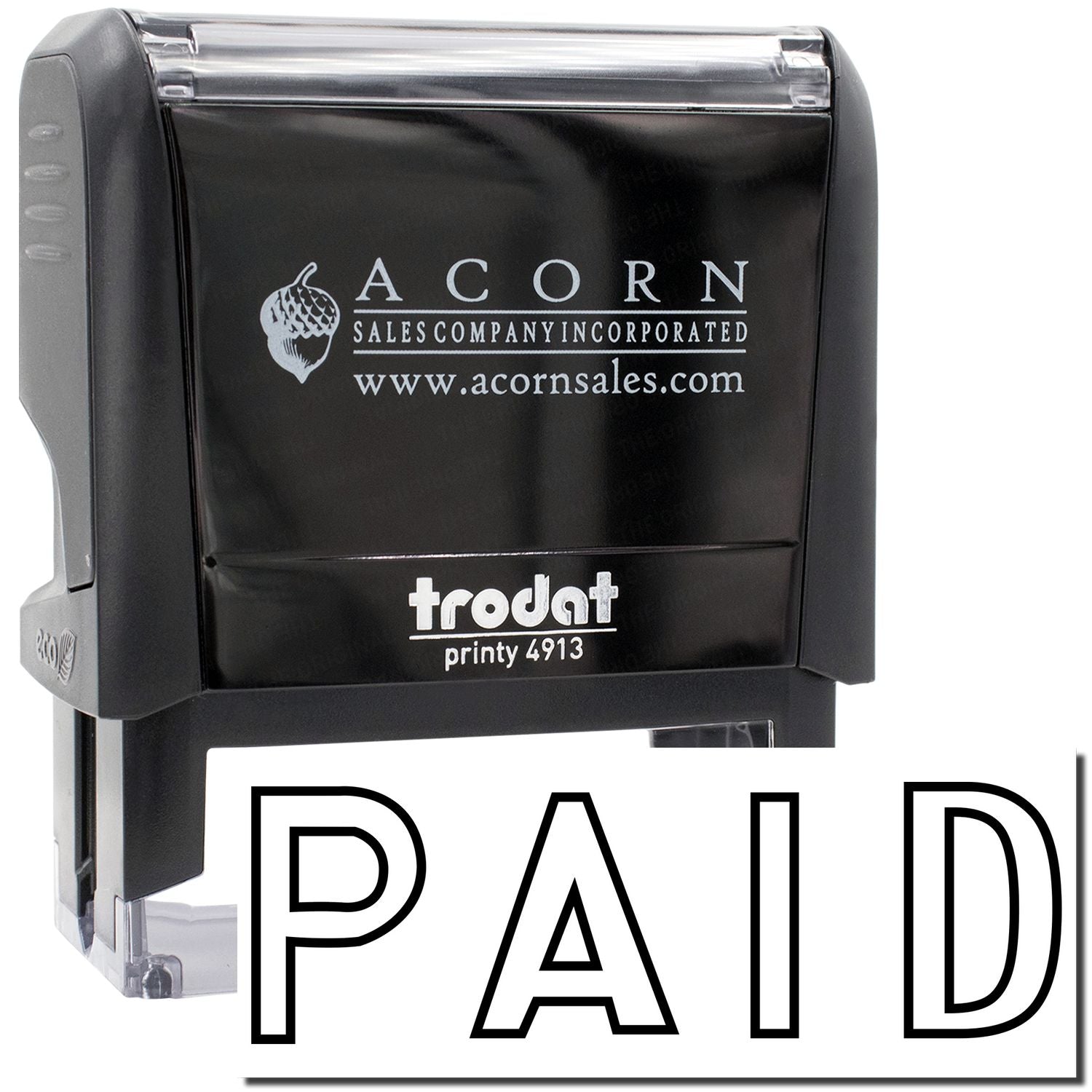 Acorn Sales Printy 4913 stamp pad labeled PAID, showing AcornSales.com logo for invoices and receipt payment verification