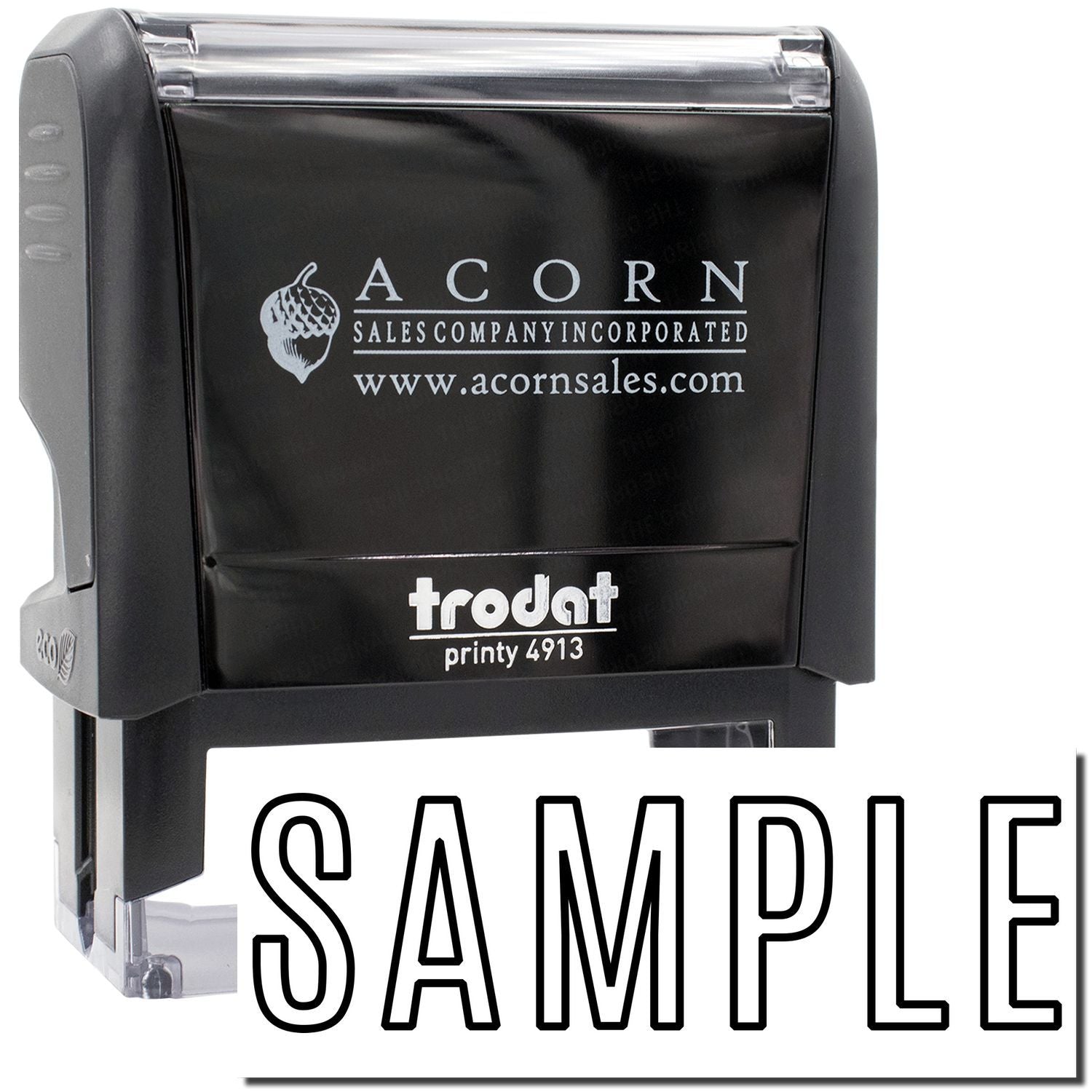Trodat Printy 4913 self-inking stamp showing Acorn Sales Incorporated logo and website, for imprinting business documents.
