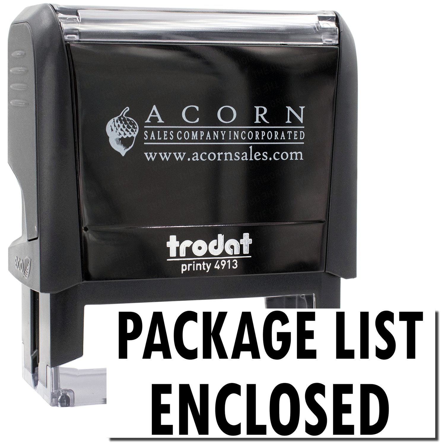 Acorn Sales Printy 4913 self-inking stamp showing Package List Enclosed text for labeling shipments and packing slips for shipping documents.