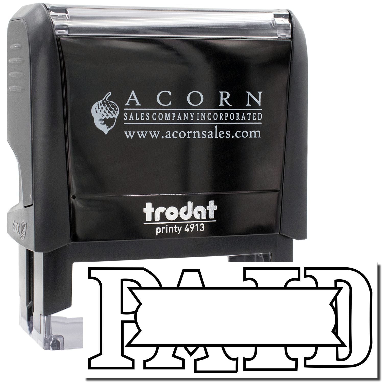 Acorn Sales Printy 4913 Frodat date stamping device with Acorn logo, showing imprint area for production labeling and inked impressions.