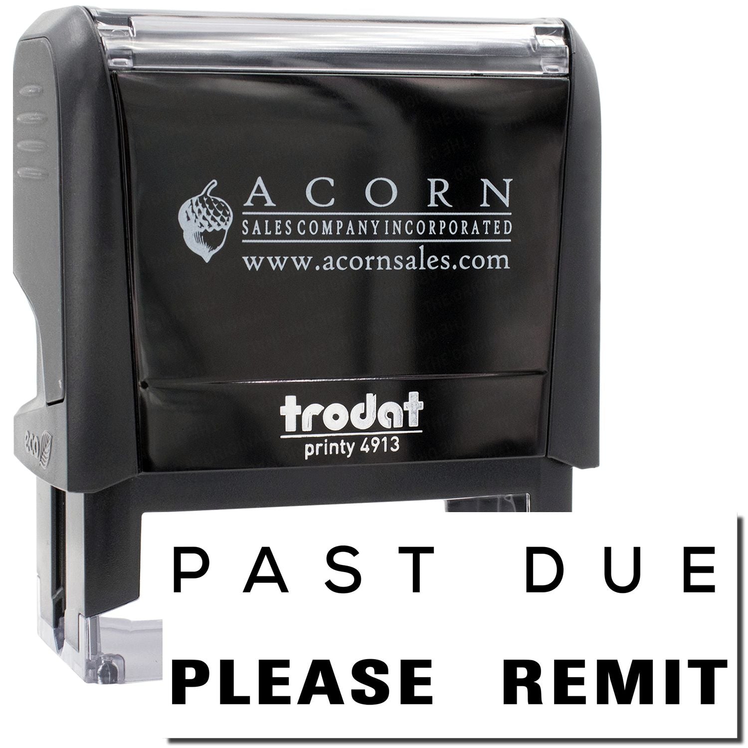 Trodat Printy 4913 stamp with Acorn Sales Company Incorporated logo for payment reminder, Please Remit.