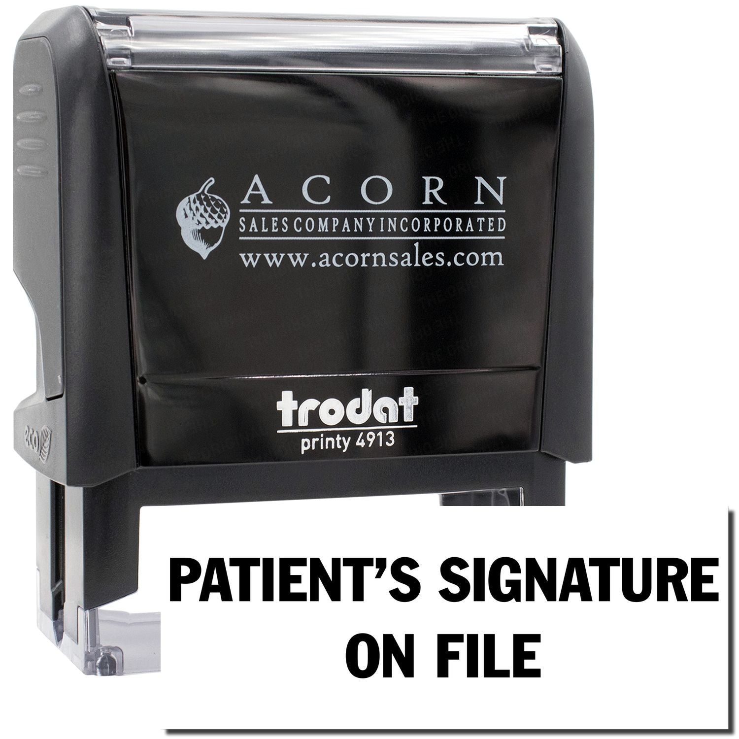 Acorn Sales Printy 4913 stamp: PATIENTS SIGNATURE ON FILE for medical records and office document labeling.