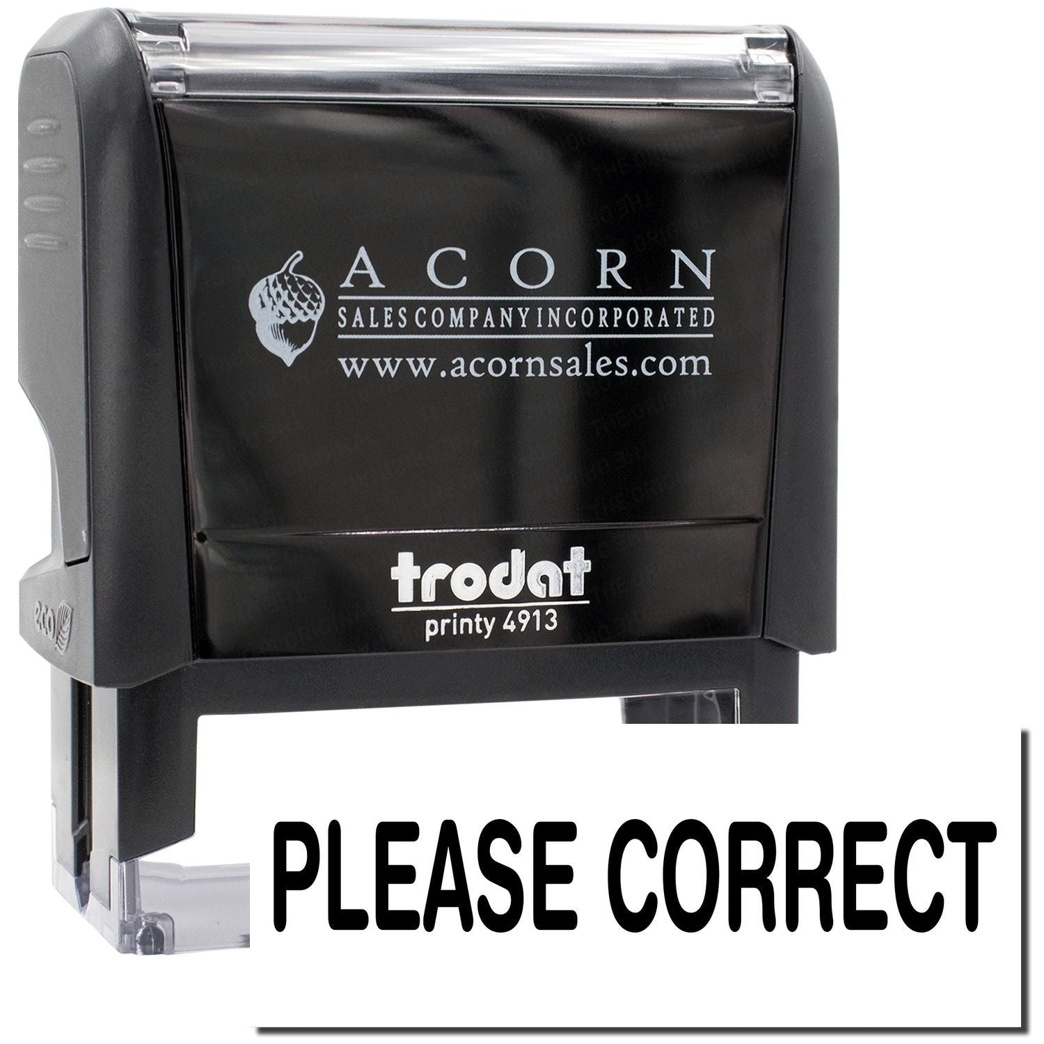 Self-inking Acorn Sales Company Incorporated Printy 4913 stamp for PLEASE CORRECT messages, displaying acornsales.com website imprint.