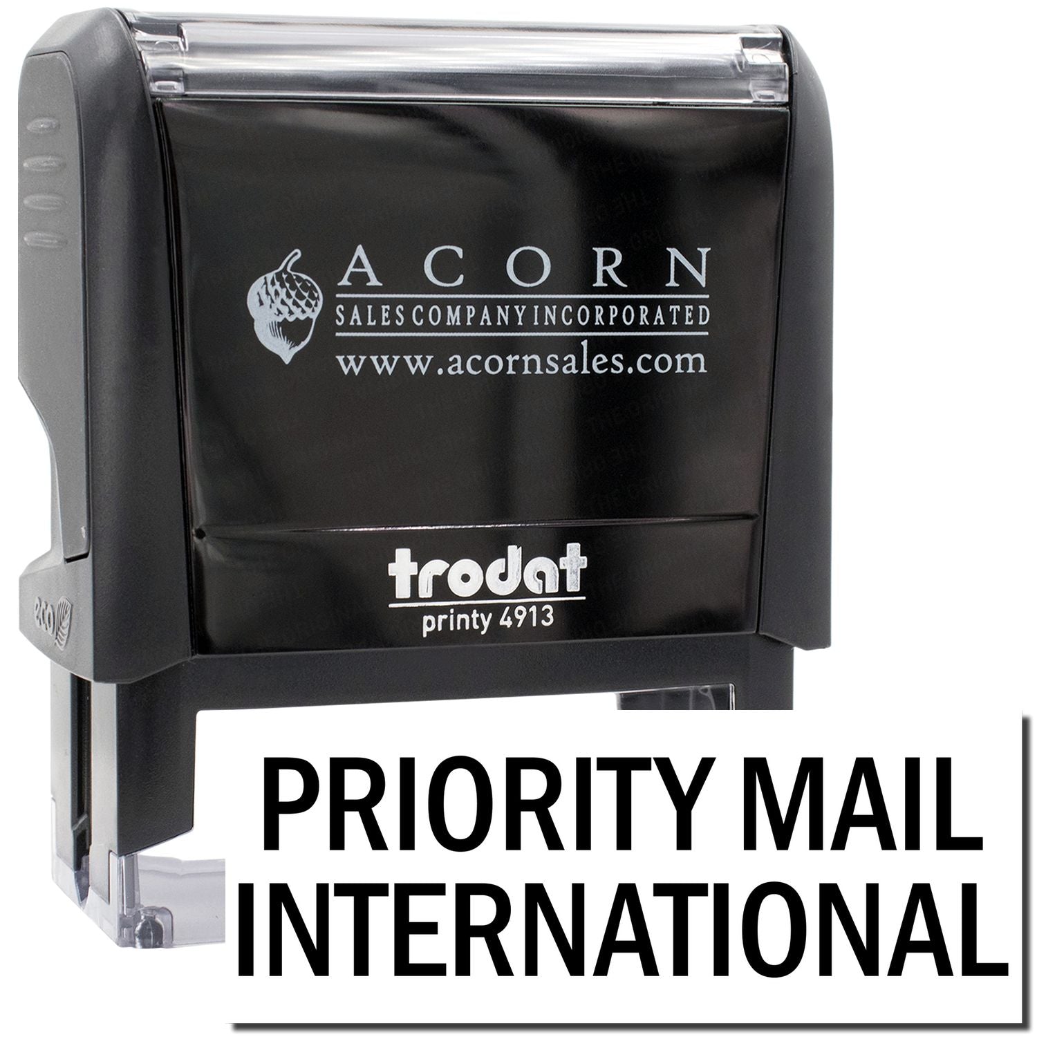 Acorn Sales Company priority mail international shipping stamp (Printy 4913), ready to mark packages for global delivery.