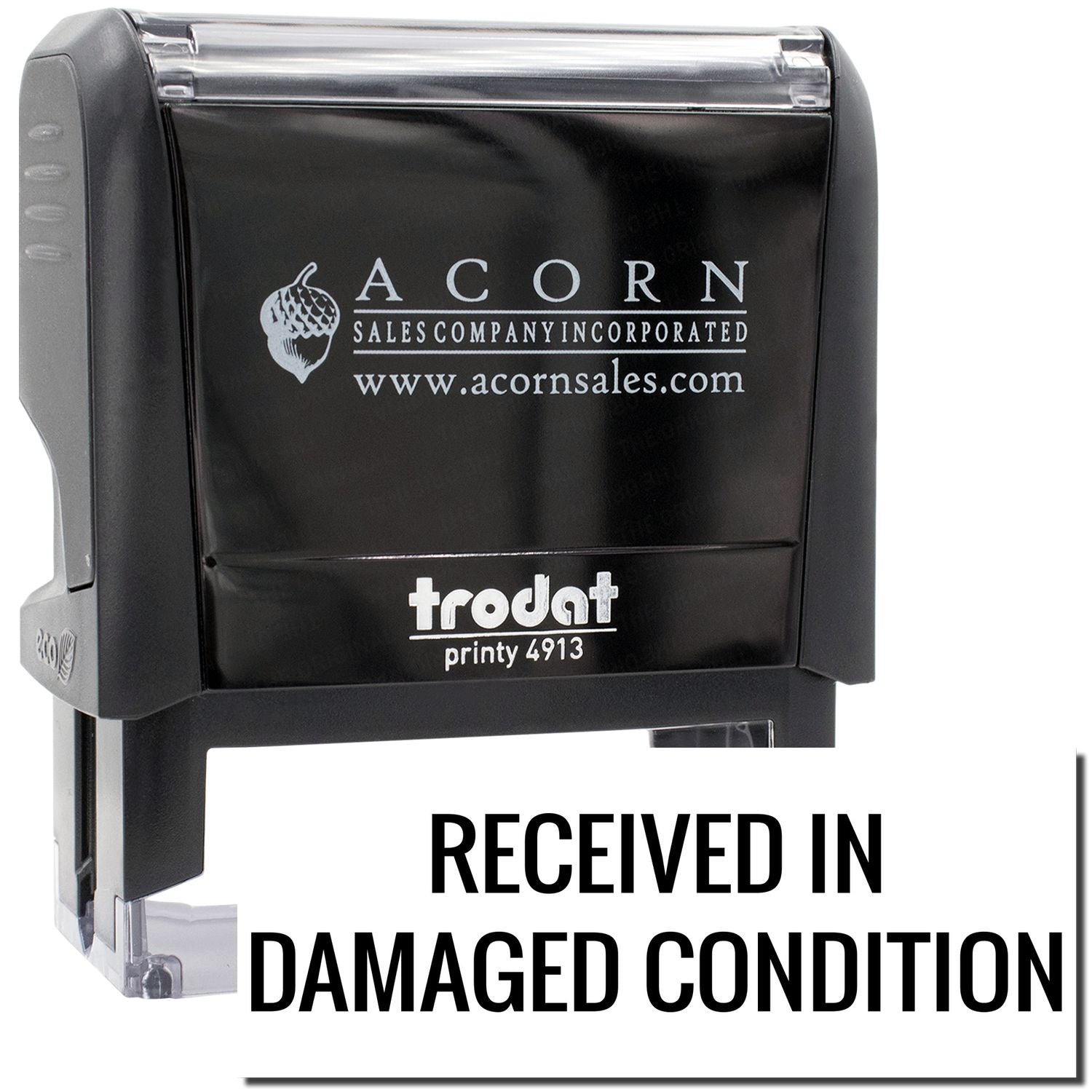 Acorn Sales Company Printy 4913 stamp reading RECEIVED IN DAMAGED CONDITION for shipping package inspection markings