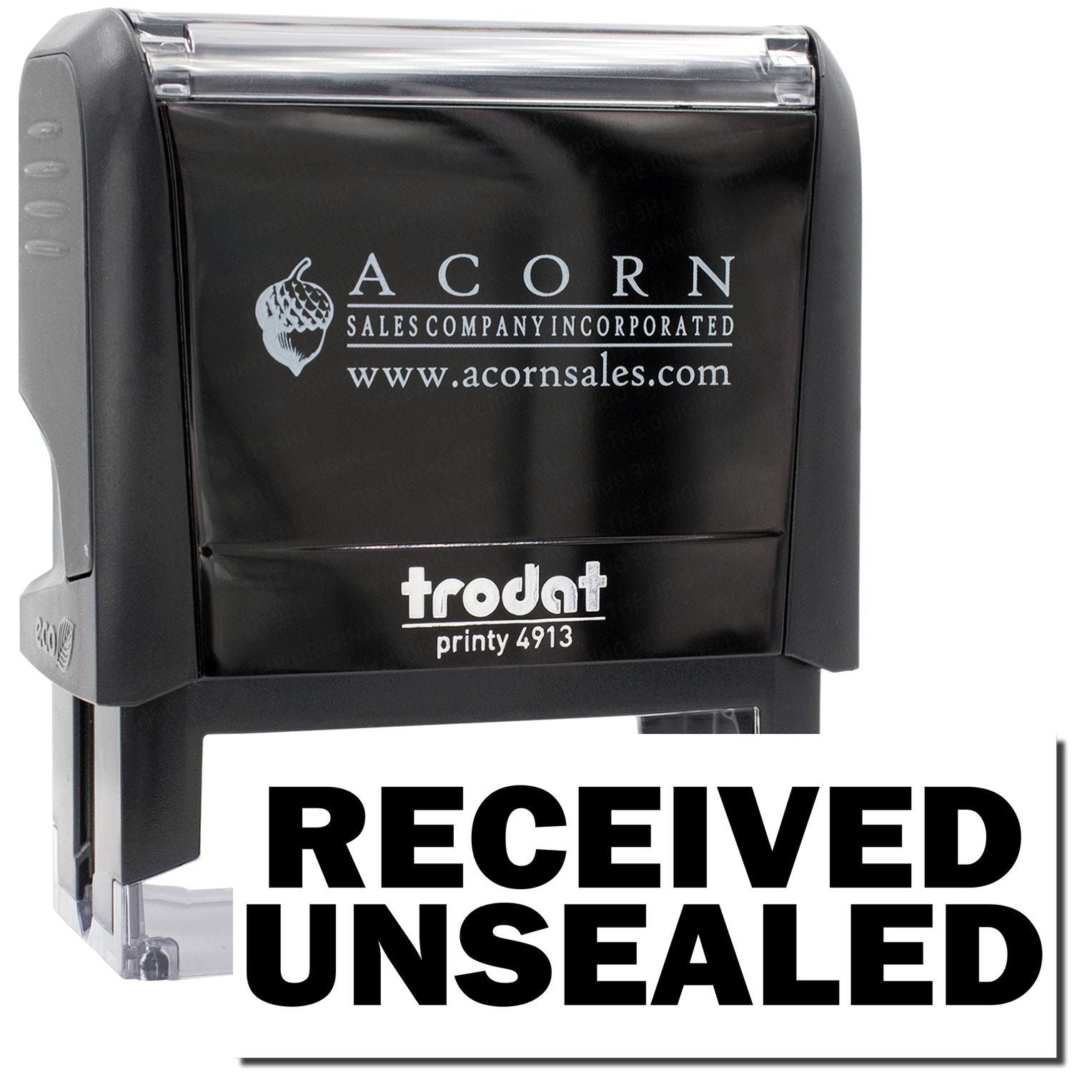 Acorn Sales received unsealed stamp on Printy 4913, used to mark packages with tamper notice.