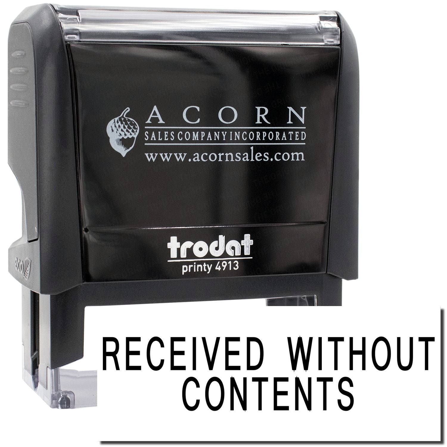 Acorn Sales Inc. Printy 4913 stamp showing Received Without Contents for delivery verification.
