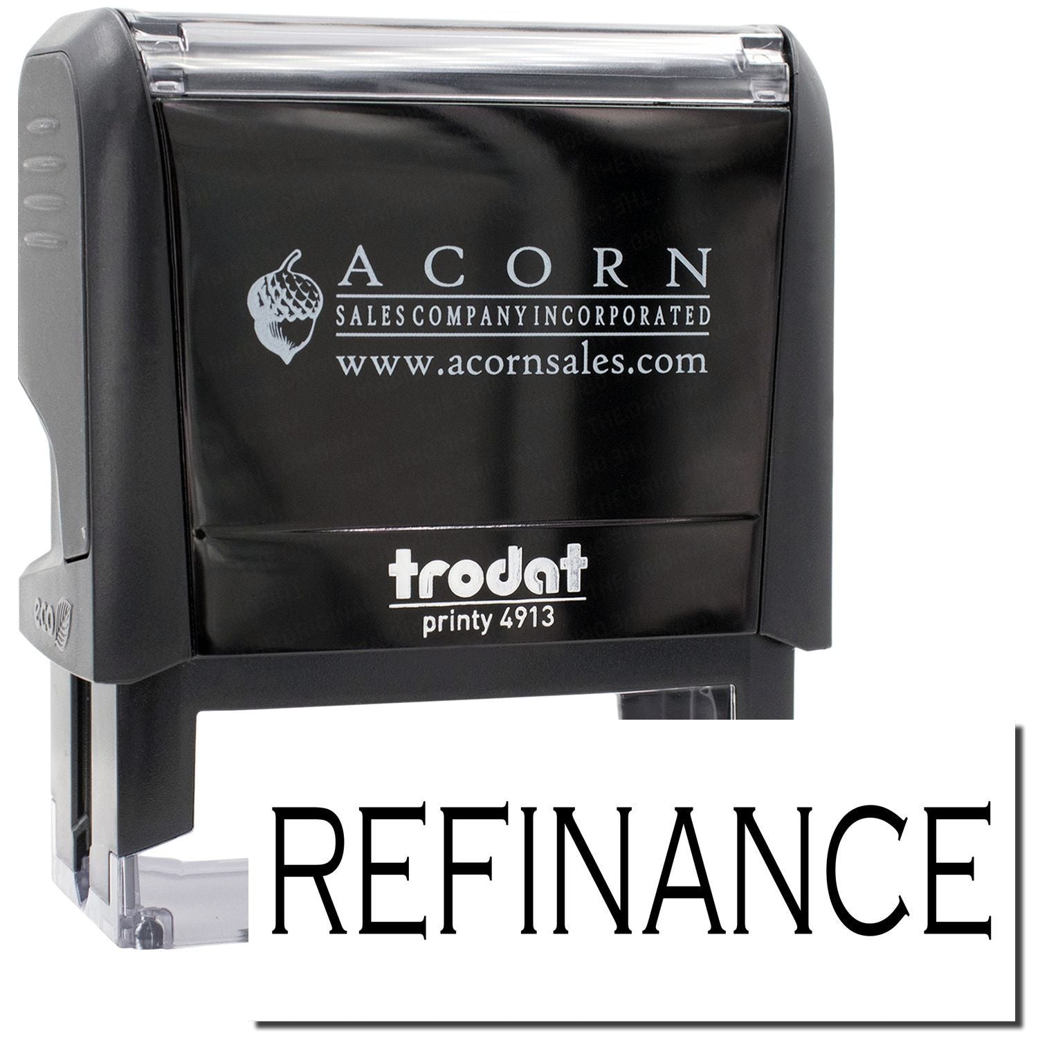 Refinance self-inking stamp with Acorn Sales Printy 4913 branding, for marking financial paperwork and documents quickly in-office