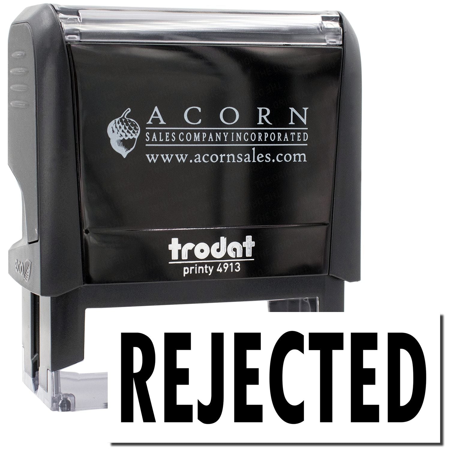 Acorn Sales Printy 4913 self-inking stamp marked REJECTED for document processing, inspection, and quality control workflows.