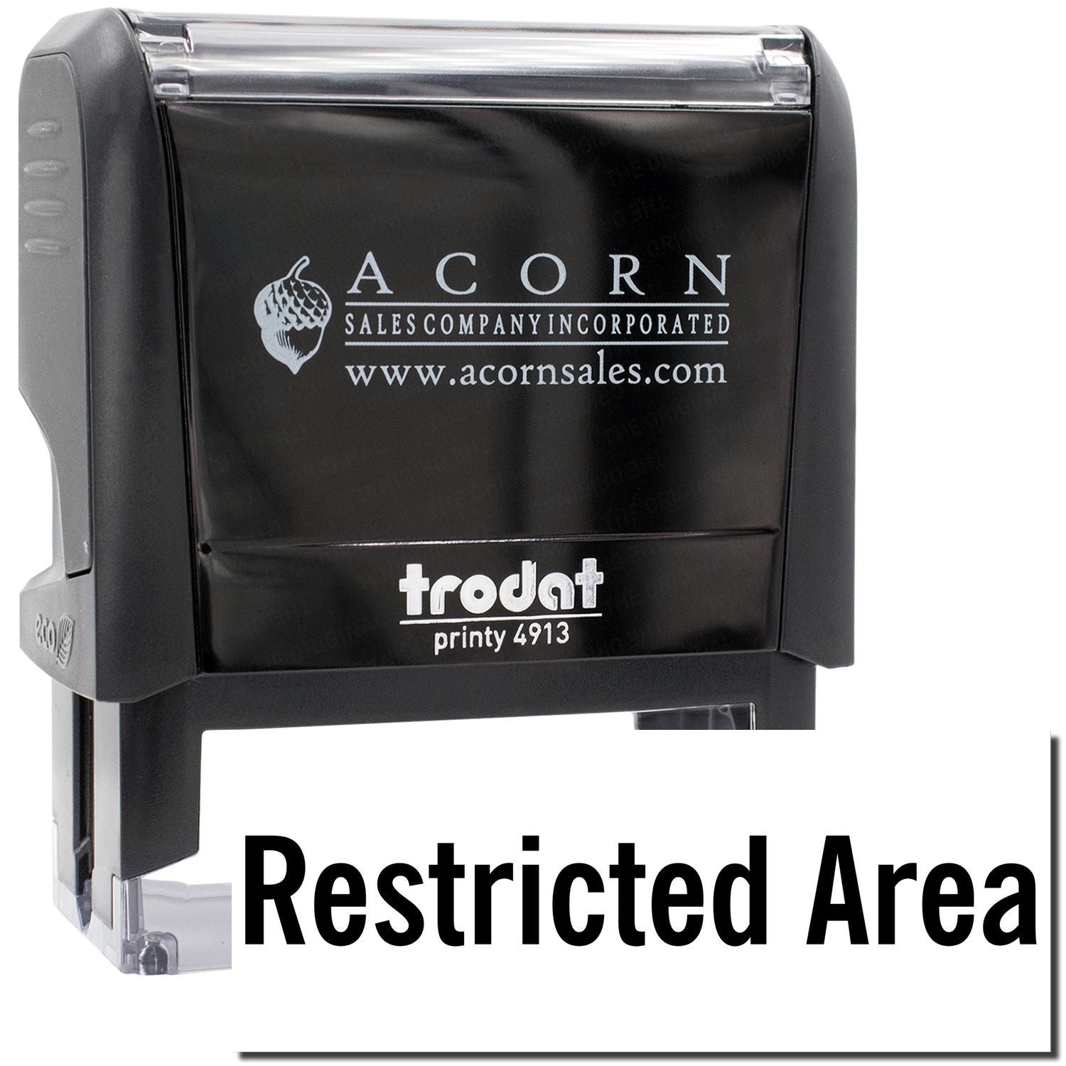 Acorn Sales Printy 4913 self-inking stamp reading Restricted Area for workplace security and access control.