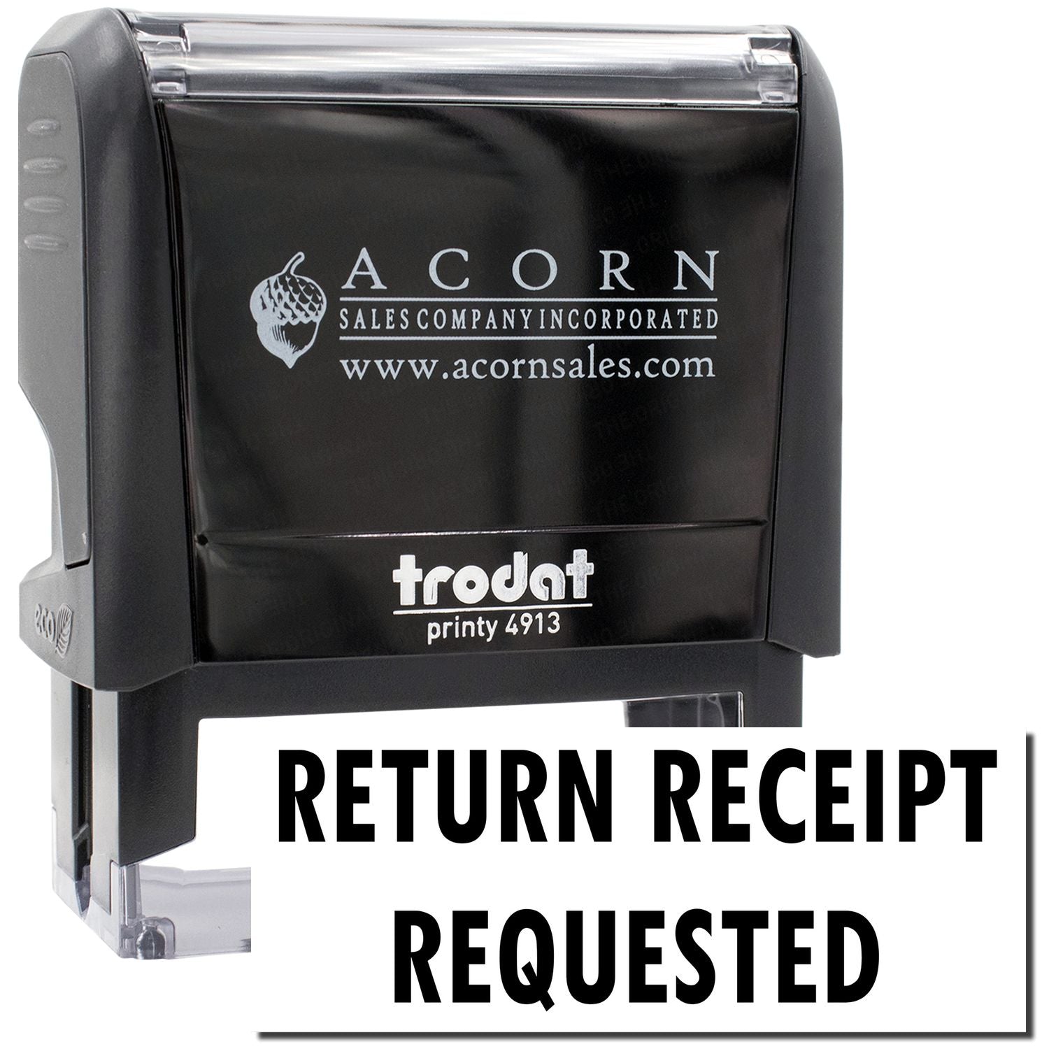 Acorn Sales Return Receipt Requested stamp for certified mail, showing the Frodot print 4913 imprint on the device.