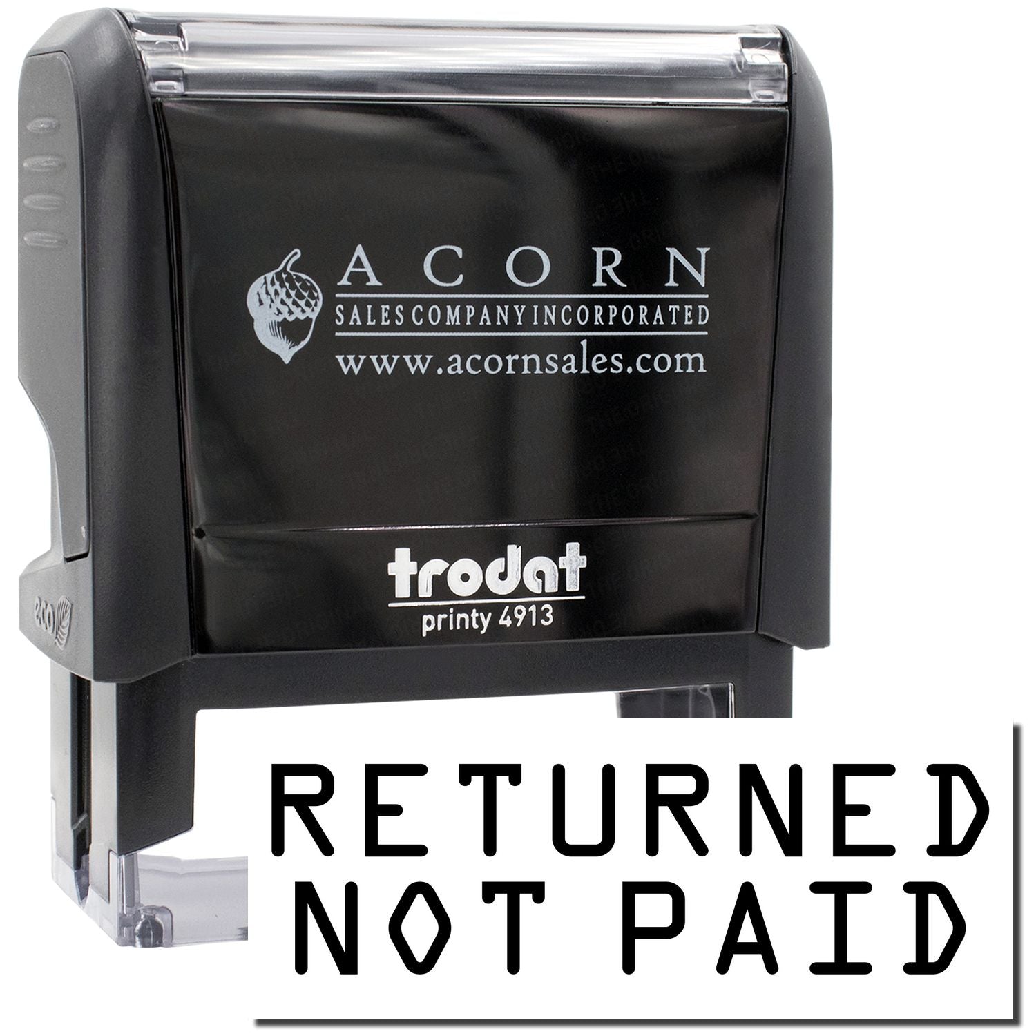 Acorn Sales Company Returned Not Paid stamp on Printy 4913 ink device, branded for mailing and returns processing.