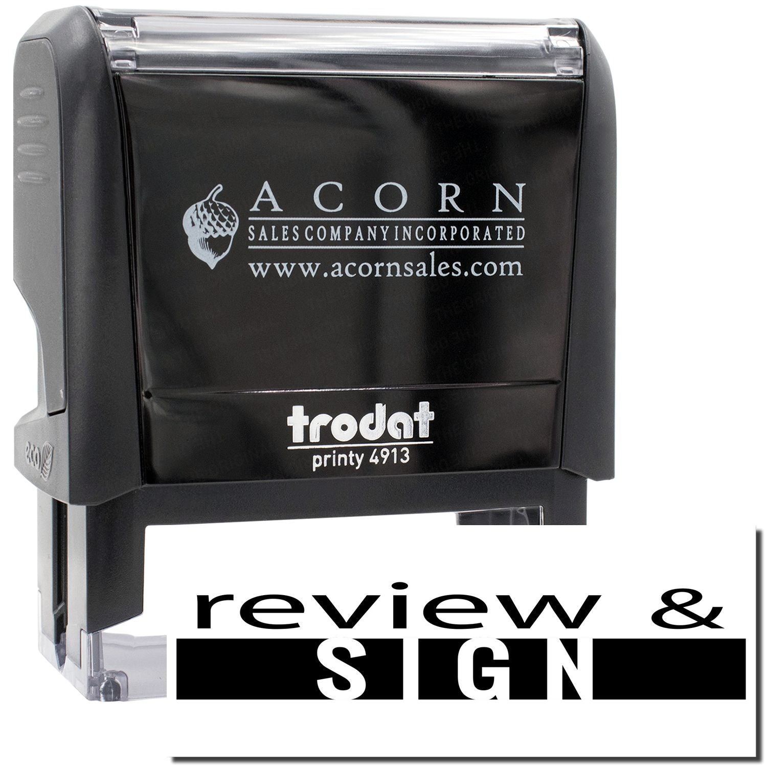 Trodat self-inking stamp for review and sign documents, branded by Acorn Sales Incorporated (acornsales.com).