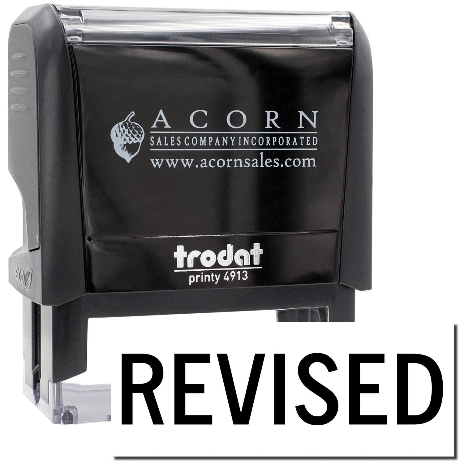 Acorn Sales rebranded self-ink stamp showing 'Revised' with Printy 4913, for updated documents and official record version control.