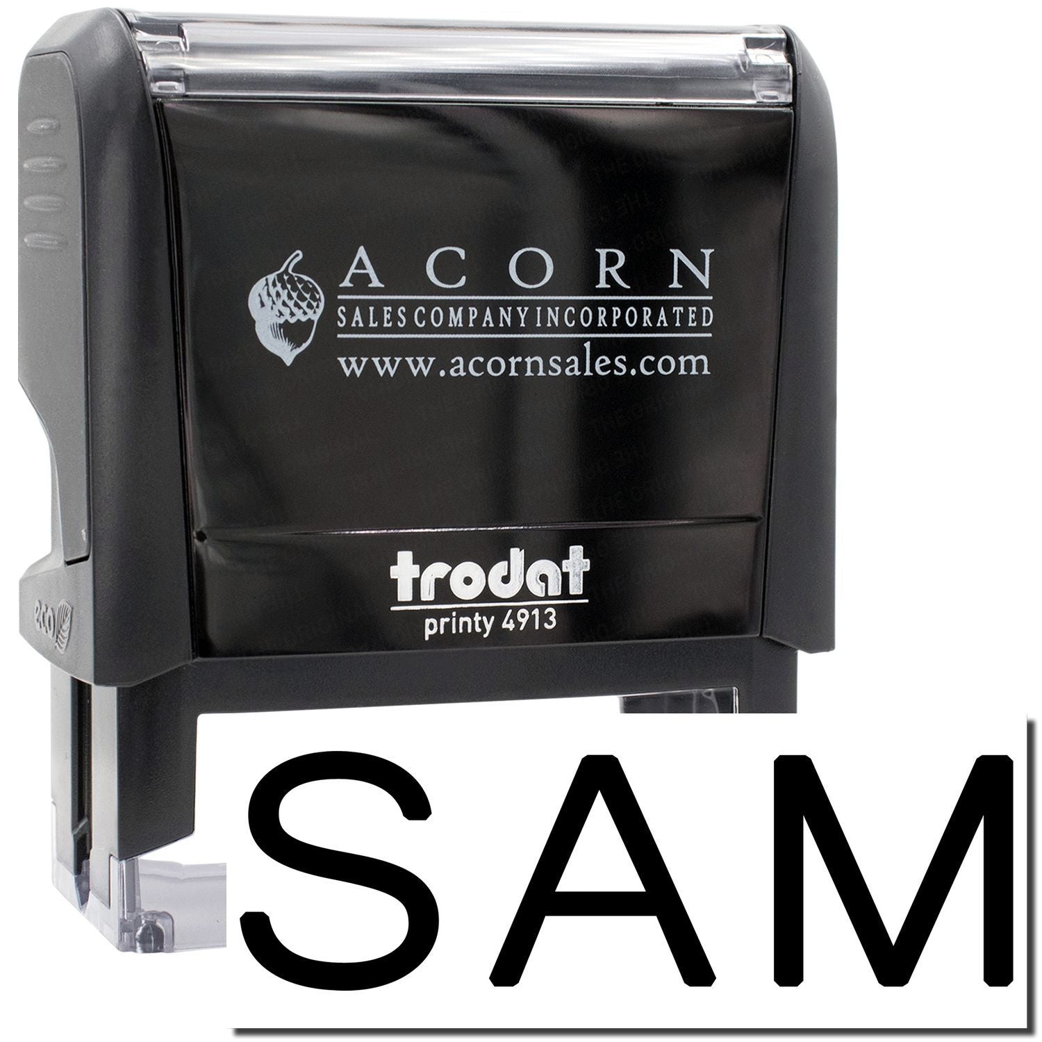 Acorn Sales Company Inc. logo and website on Trodat Printy 4913 self-inking stamp, ideal for business document approvals.