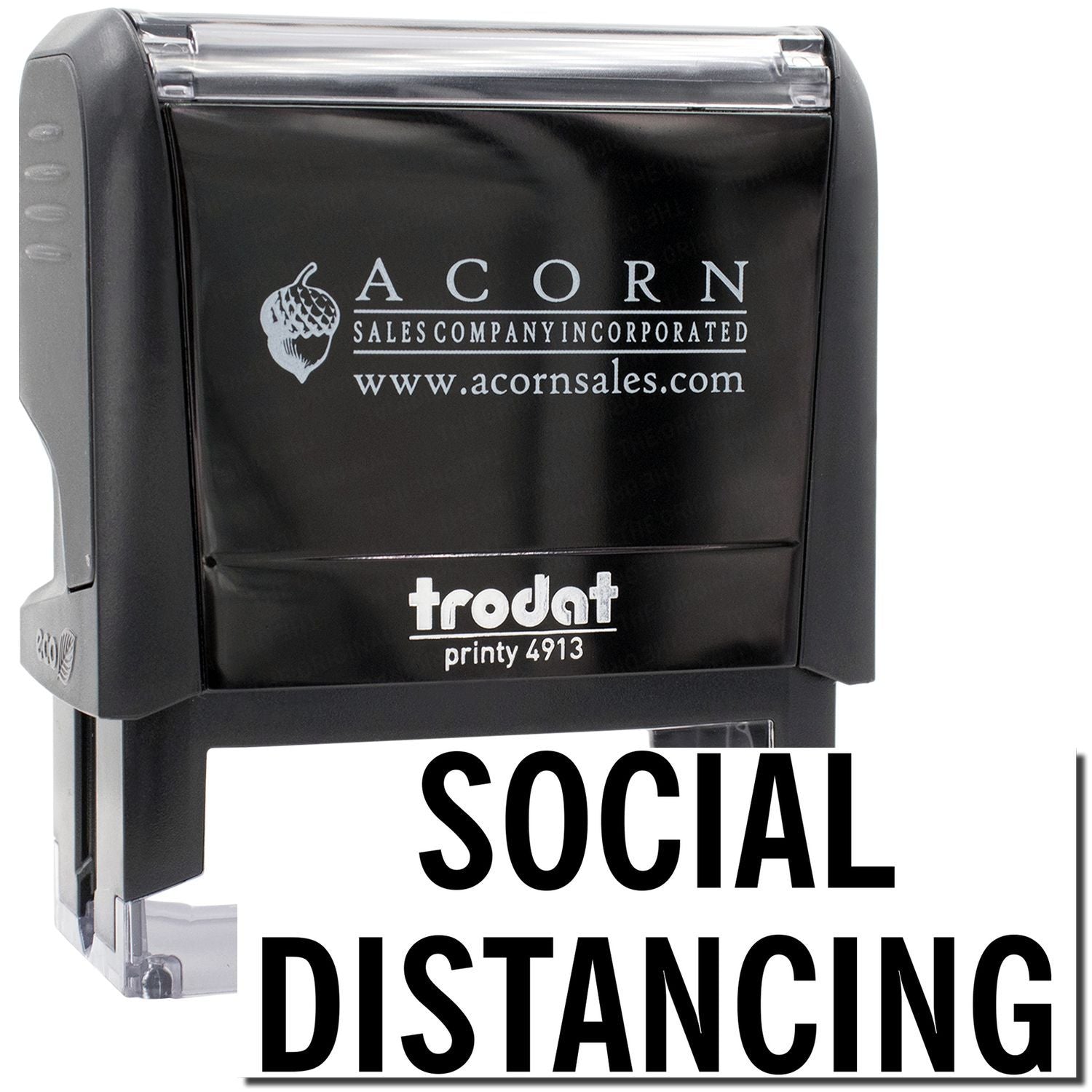 Acorn Sales Printy 4913 self-inking stamp for Social Distancing signage, with Acorn logo and website shown.