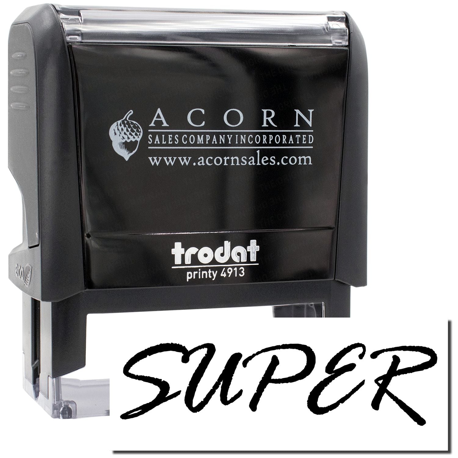 Acorn Sales Incorporated self-inking stamp, Printy 4913 with www.acornsales.com imprint and Acorn logo for shipping labels and sales documents.