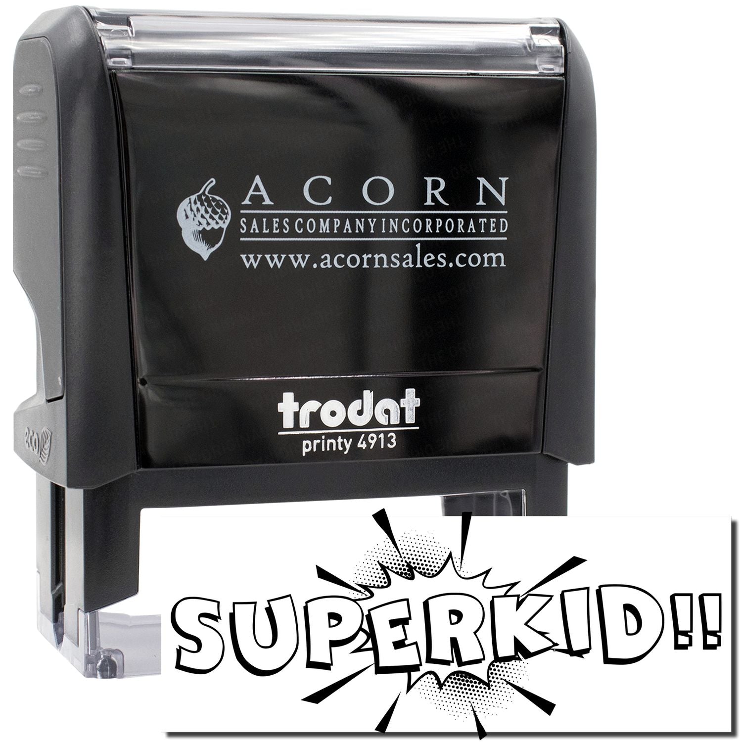 Acorn Sales Printy 4913 self-inking stamp with Superkid design from acornsales.com for labeling kids items and classroom name tags