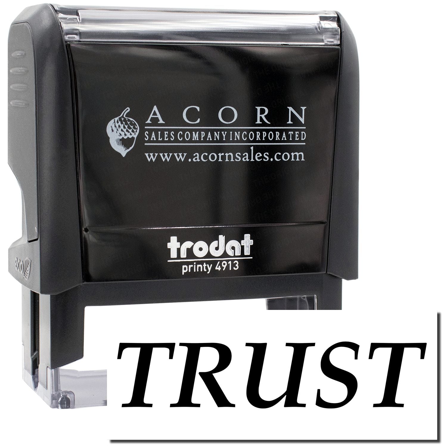 Acorn Sales Printy 4913 self-inking stamp showing acornsales.com and TRUST branding for office labeling
