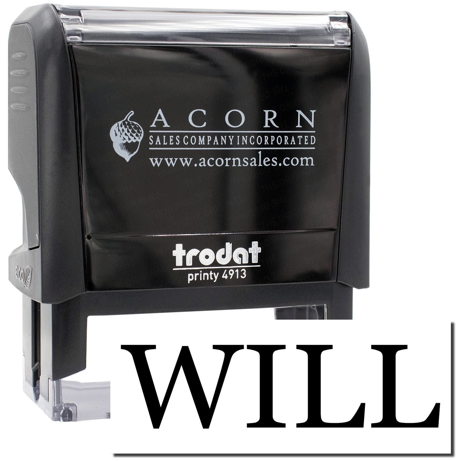 Acorn Sales Company Inc Printy 4913 self-inking stamp with Acorn logo, website, and WILL imprint for business documents.