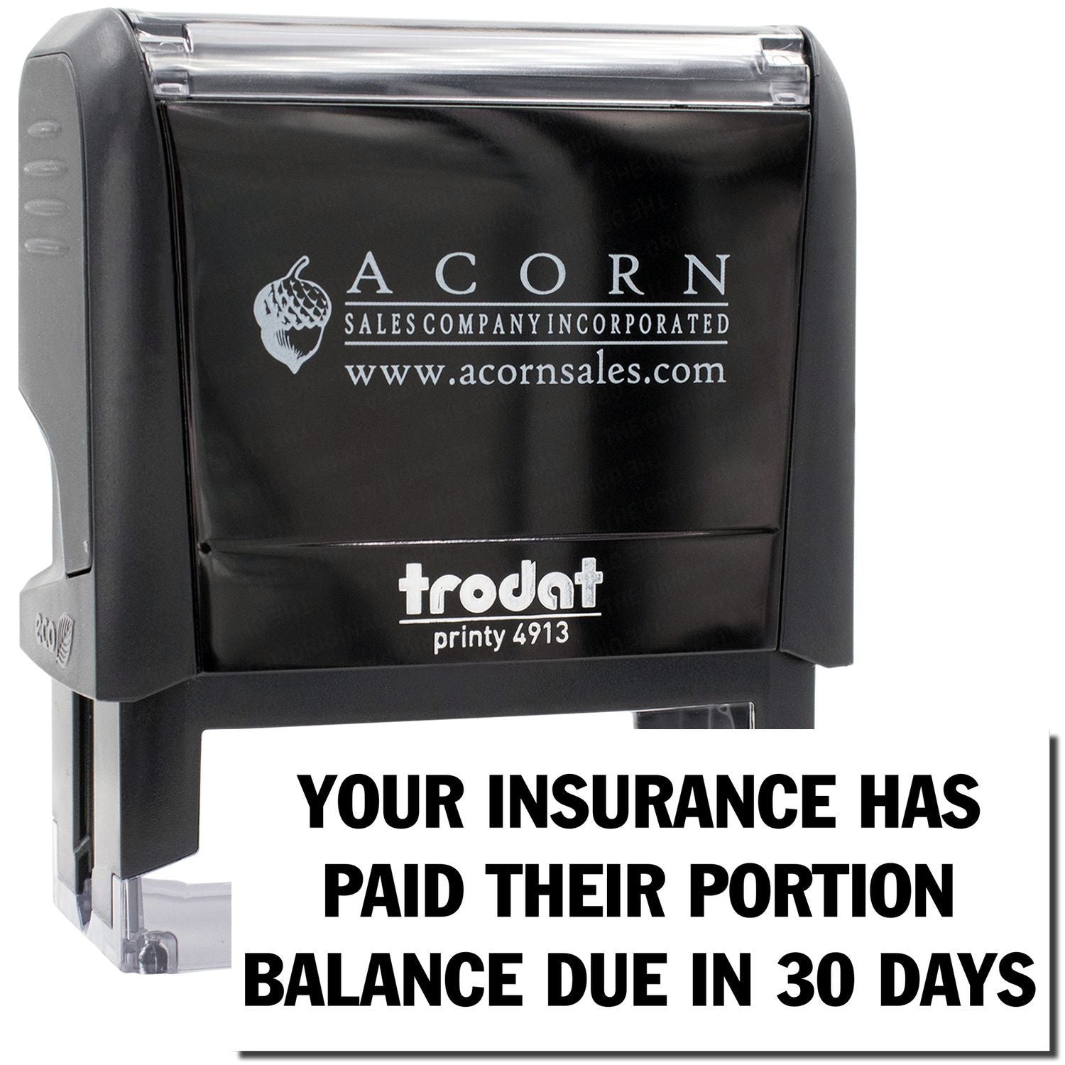 Acorn Sales Incorporated stamp message: insurance paid portion, balance due in 30 days for customers.