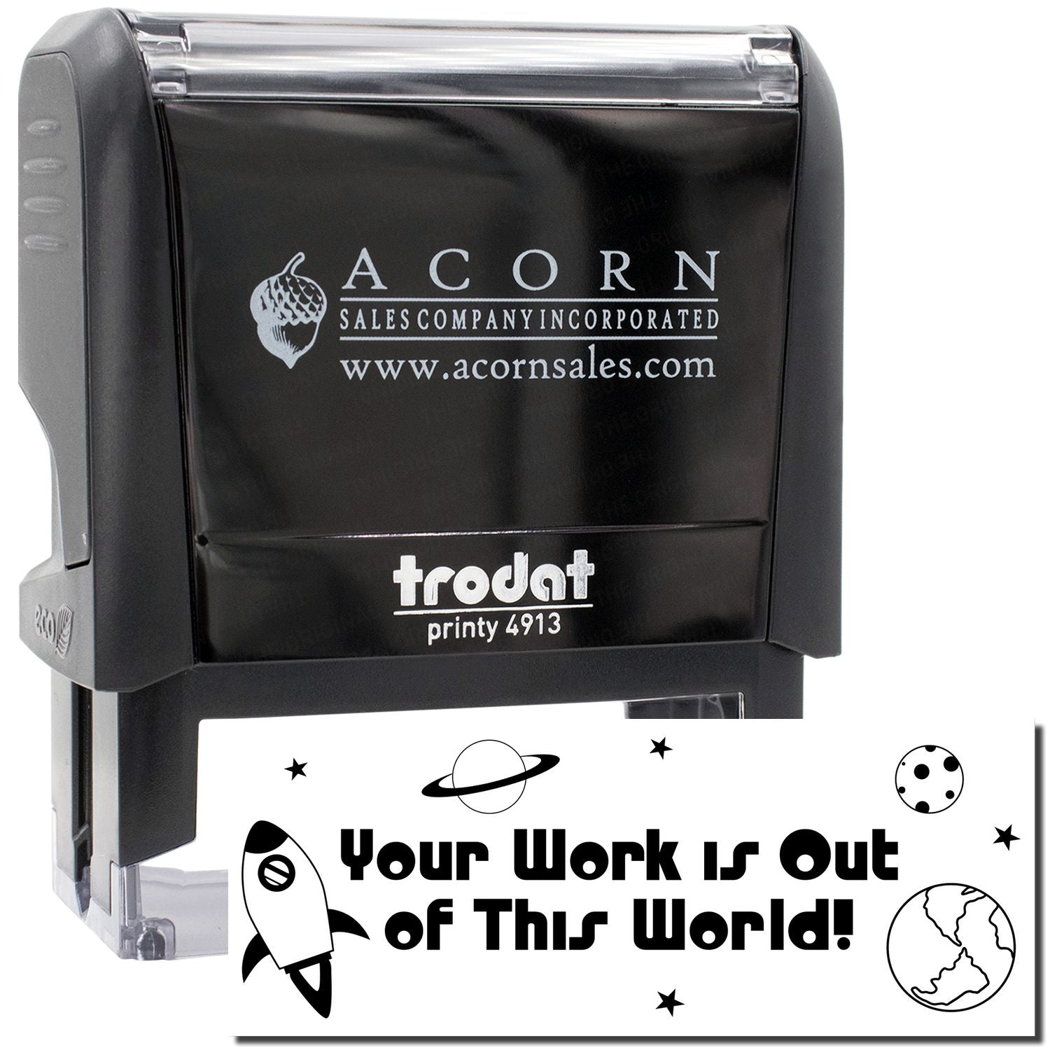 Acorn Sales branded stamp reading Your Work Is Out of This World! with space icons for office mailing and packaging.