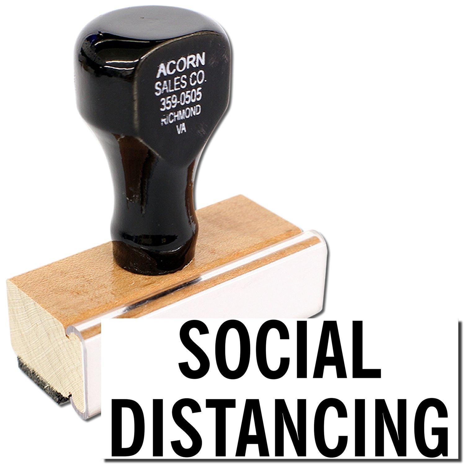 Black Acorn Sales Co cone-style social distancing display on wooden base, promoting safe spacing