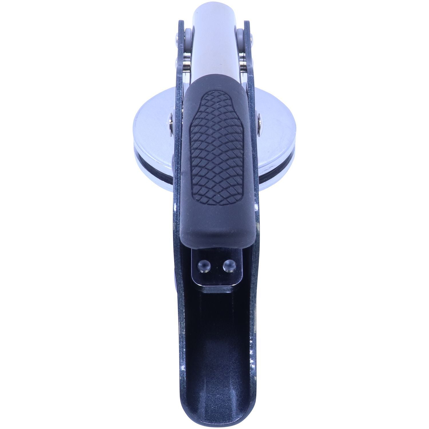 Stainless steel nail clipper with ergonomic black non-slip handle, isolated on white background.