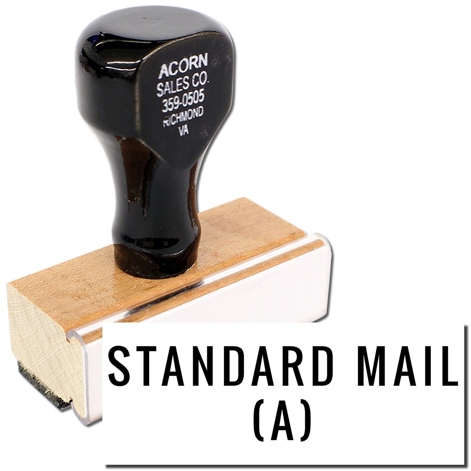 Acorn Sales Co Standard Mail CA rubber stamp on wood block for mailing label and address marking tool for documents and envelopes.