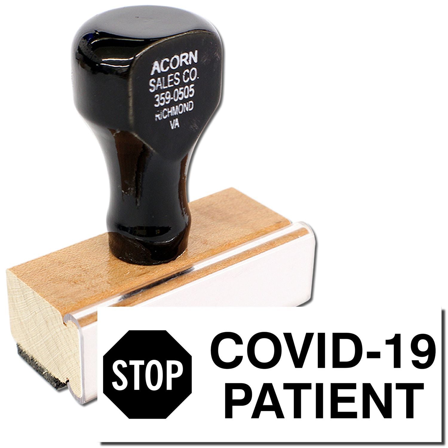 Stop COVID-19 patient warning sign next to black device labeled ACORN Sales Co. 359-0505 Richmond, VA.