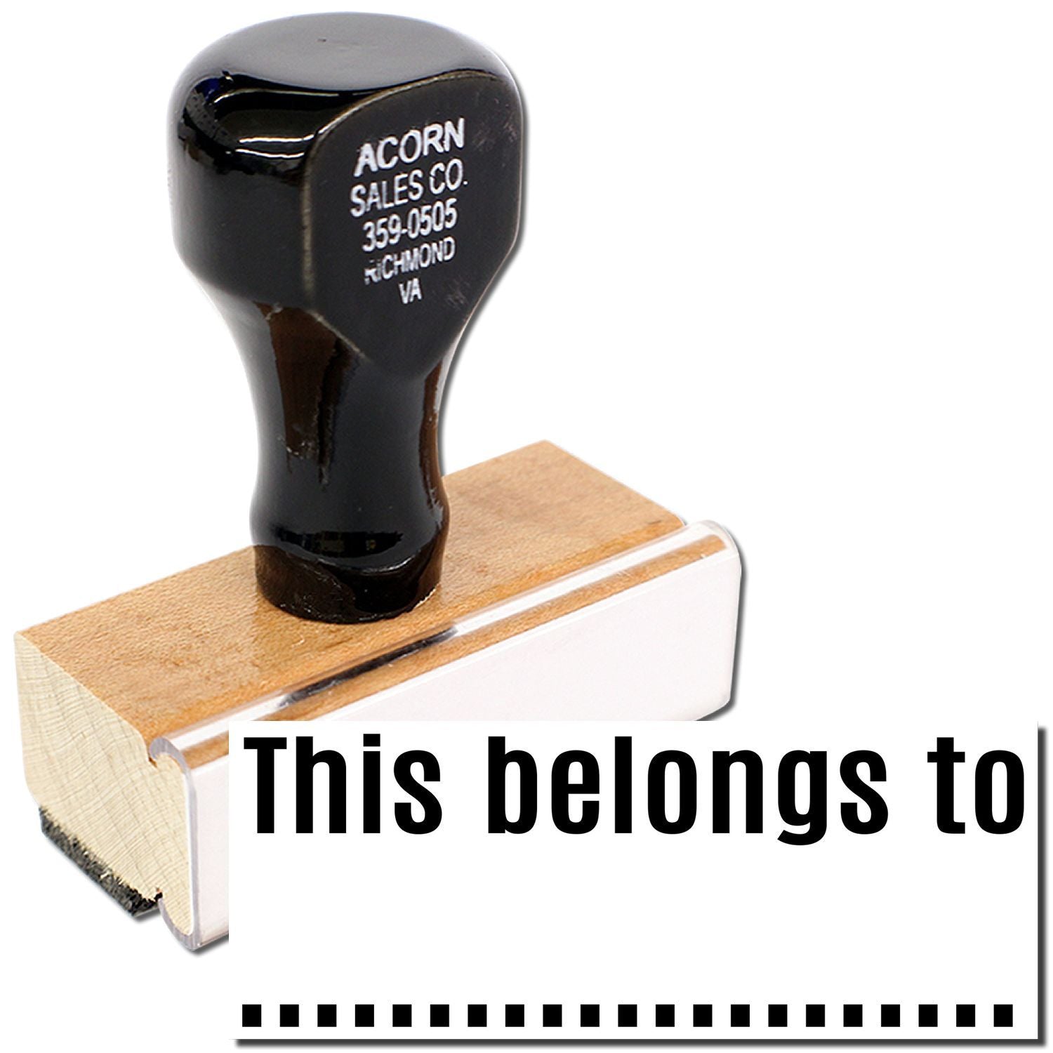 Acorn Sales Co. rubber stamp on wooden base, printed with Richmond VA phone and used to label inventory property: "This belongs to"