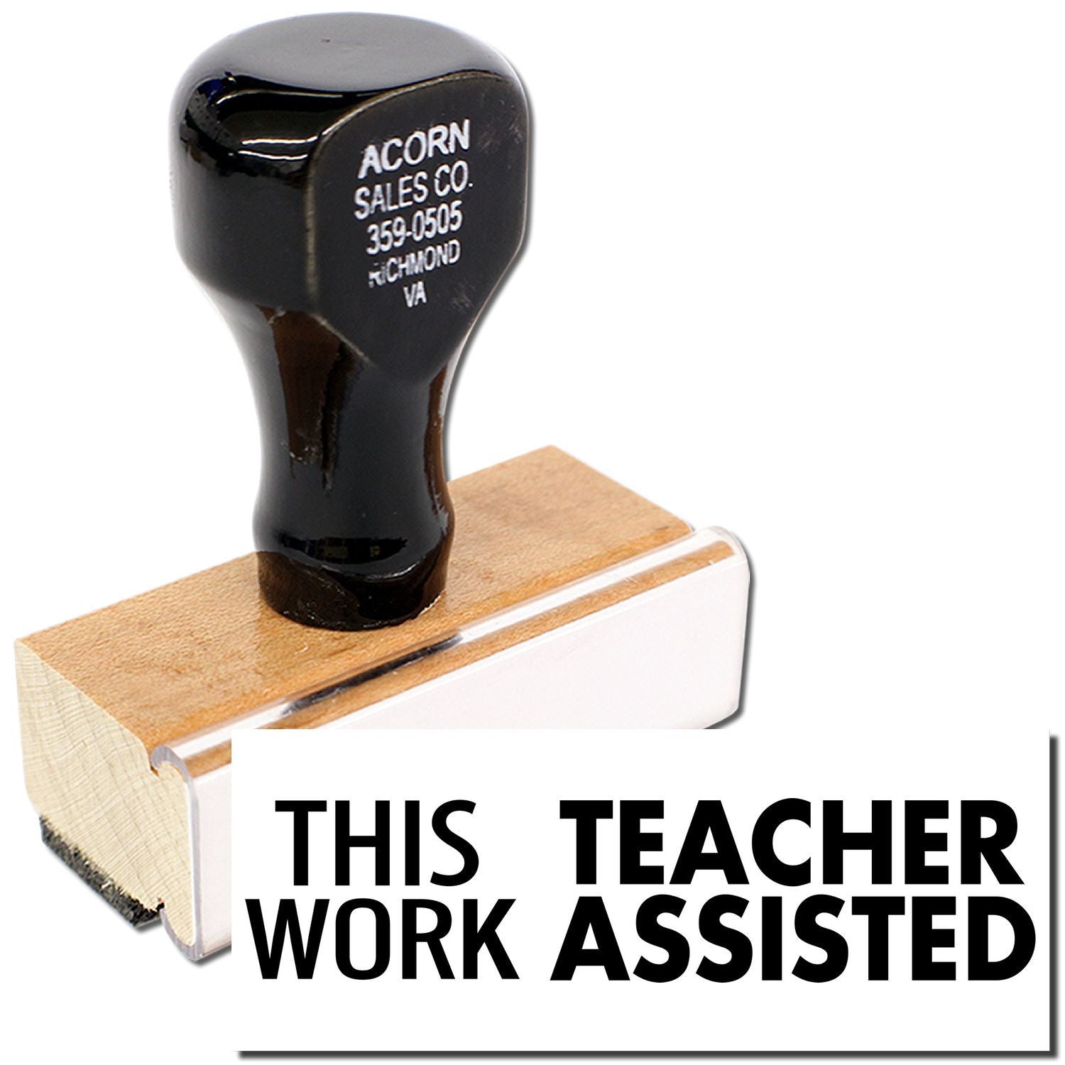 Acorn Sales Co. promotional image with This Teacher Works Assisted text and black clog on wooden block