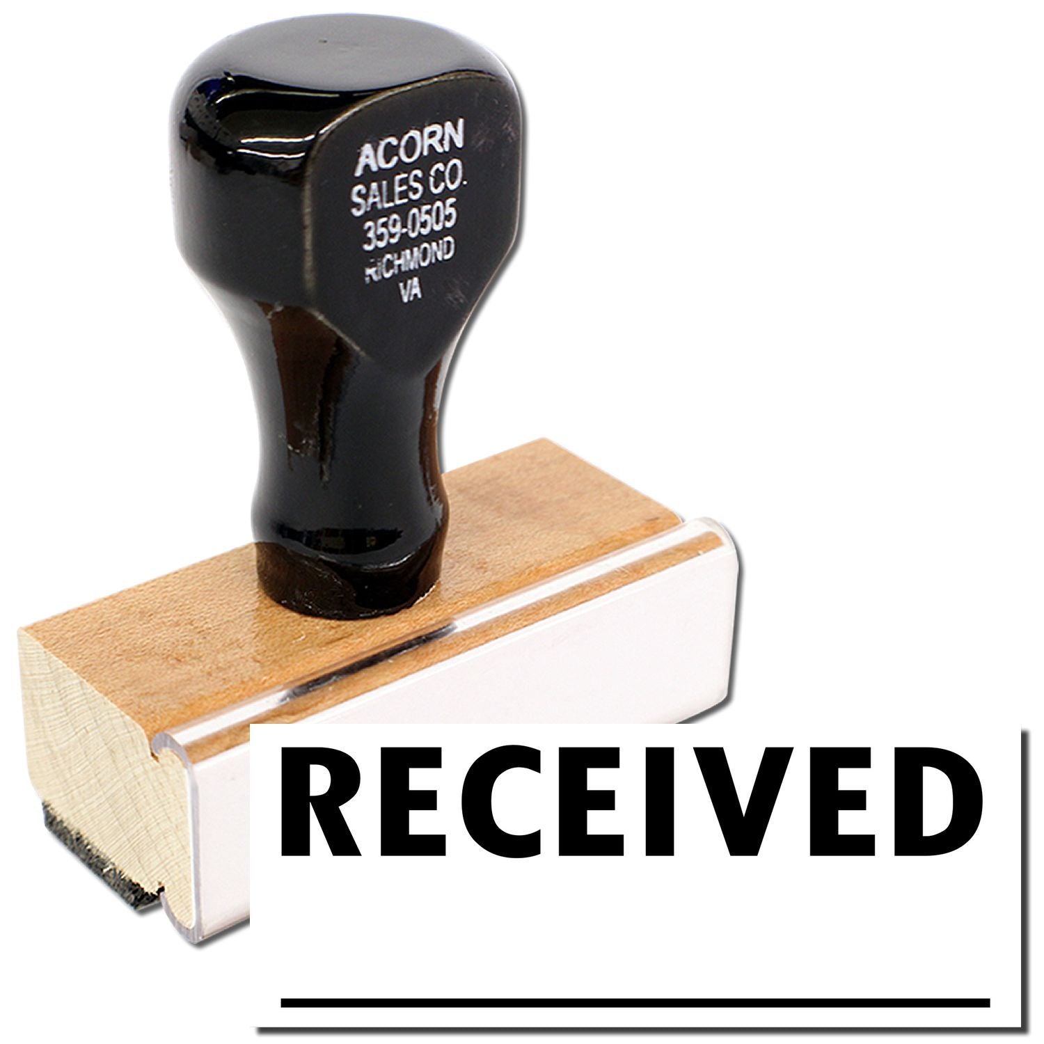 Acorn Sales Co. Richmond VA custom Received stamp, ink pad on wood block for office document verification and filing.