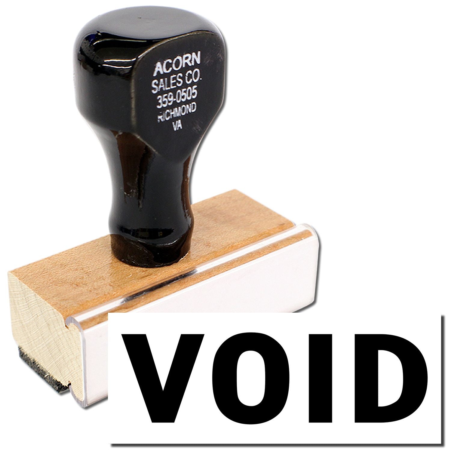 Acorn Sales Co. VOID stamp with phone number on black rubber seal for document verification, tamper evidence and anti-fraud use.