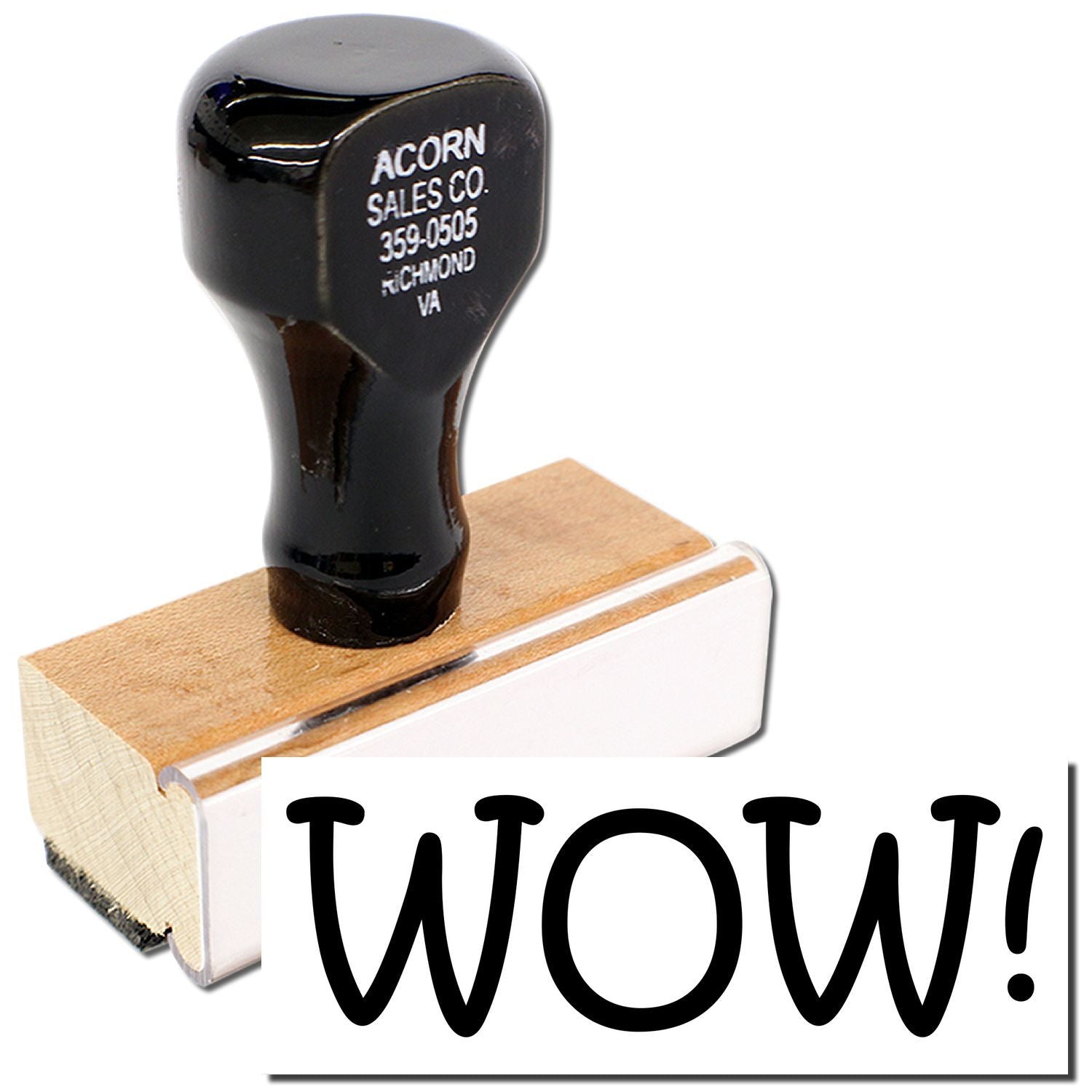 Acorn Sales Co black rubber stamp on wood, marked WOW!, for promotional signage and brandingRichmond VA 359-0505.