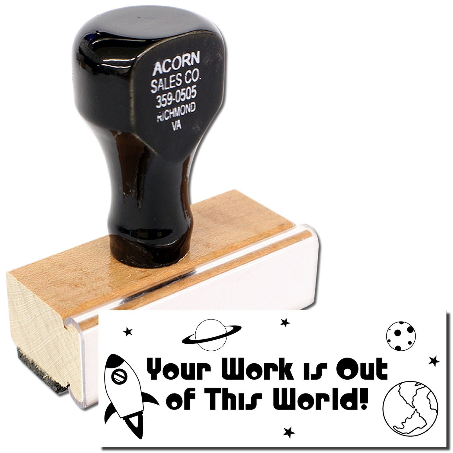 Motivational workplace card with wooden stamp reading Your Work is Out of This World! for employee recognition and teamwork.